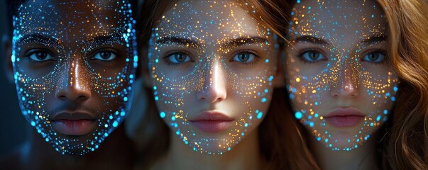 Three individuals with illuminated faces showcasing art and technology fusion