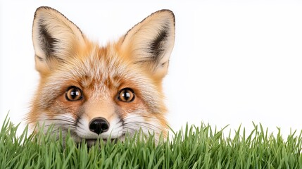 Fototapeta premium Curious Red Fox Peeking from Lush Green Grass Against a Bright White Background