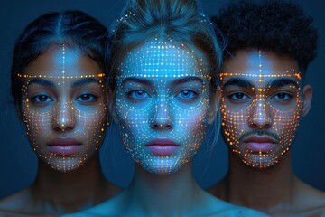 Three individuals with illuminated facial patterns showcasing advanced biometric technology
