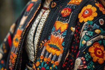 Close-up of intricate floral embroidery on a traditional romanian blouse, showcasing vibrant colors and craftsmanship