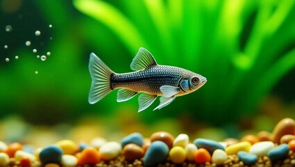 Fototapeta premium A beautiful Molly fish with a sleek, silvery-black body and delicate, flowing fins swims peacefully