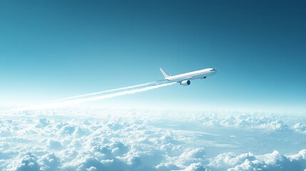 Airplane flying above clouds, clear sky. Travel, journey, freedom