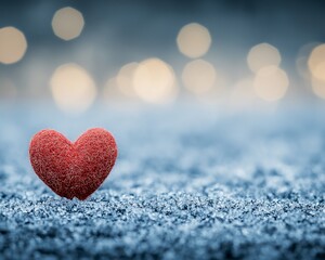 Fototapeta premium Red heart in snowy landscape, bokeh lights, romantic winter scene, Valentine's Day card