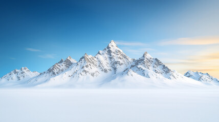 Fototapeta premium Majestic snow covered mountains with sharp peaks under clear blue sky create breathtaking winter landscape. serene atmosphere evokes sense of tranquility and awe