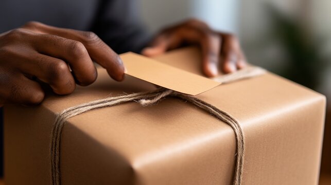 Close-up of Hands Carefully Placing a Tag on a Brown Gift Package