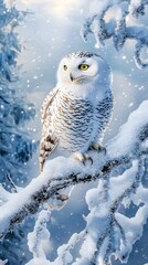 Fototapeta premium 35. A fluffy white owl perched on a snow-covered tree branch, looking out over a vast wintry landscape