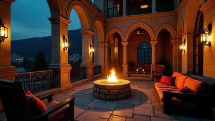 Medieval design of Balcony at Night, cinematic photography