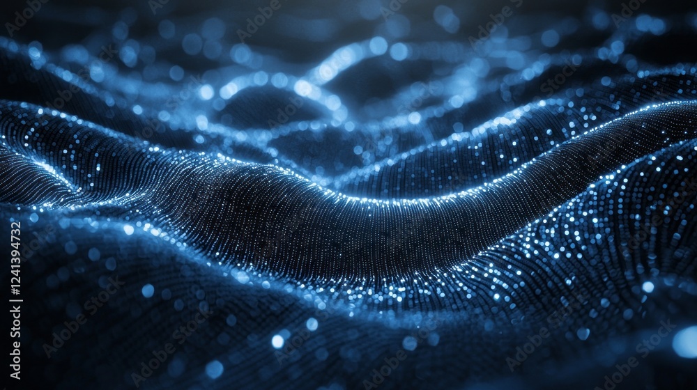 Poster A captivating view of fluid waves composed of shimmering blue particles creates an ethereal atmosphere