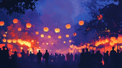 Obraz premium Silhouetted Crowd Enjoying Colorful Lantern Festival at Dusk Under Vibrant Night Sky