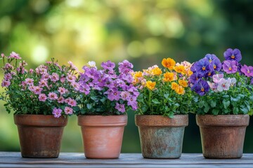 Four terracotta pots containing colorful pansies and bacopa flowers sit on a wooden surface, creating a vibrant and cheerful scene