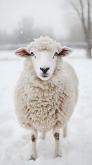 43. A fluffy white sheep standing in a snowy pasture, its wool thick and pristine