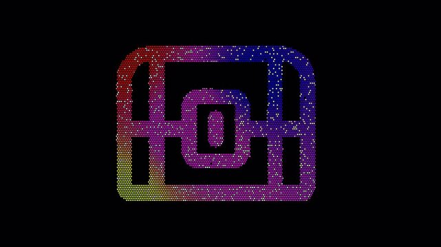 Icon treasure chest is made up of LED square shapes that shimmer and flicker. There are black dead diodes. In-Out looped. Alpha BW at the end