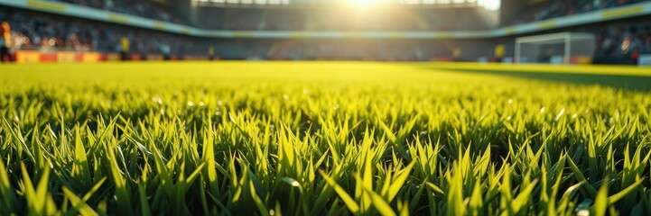 Soccer field with vibrant grass under the setting sun during a match in a stadium