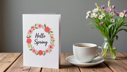 Minimalistic "Hello Spring" card with floral design, herbal tea, and wildflowers on rustic table