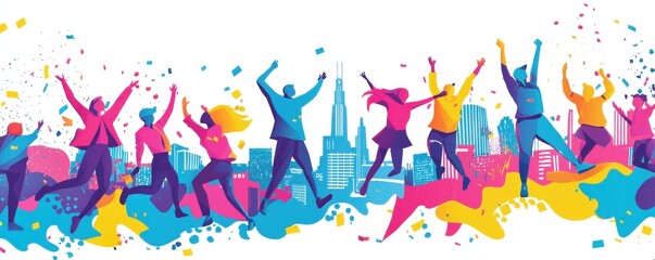 Colorful silhouettes celebrating against a city backdrop with vibrant energy