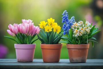 Naklejka premium Tulips, grape hyacinths, and other colorful flowers are blooming in terracotta pots, bringing a touch of spring to a wooden table
