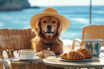Golden retriever enjoying breakfast at a beachside cafe