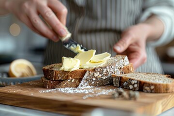 Hand holding a knife with butter over fresh toast in a clean kitchen setting. Selective focus.