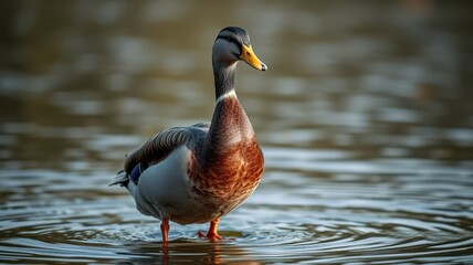 Obraz premium Duck standing calmly in tranquil water at the serene lake during the early morning light in a natural habitat