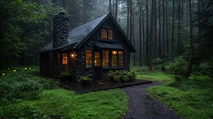 Misty forest cabin, illuminated windows, rain, path