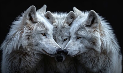 three white wolves close up