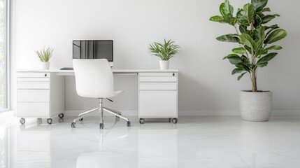 Modern minimalist home office workspace with plants