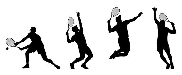 Male tennis player swing hitting ball, man playing tennis vector silhouette