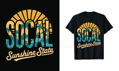 SoCal Sunshine State T-Shirt Design - Vibrant Graphic Featuring Palm Trees and a Retro Sun, Perfect for Beach Lovers and Those Embracing the California Lifestyle
