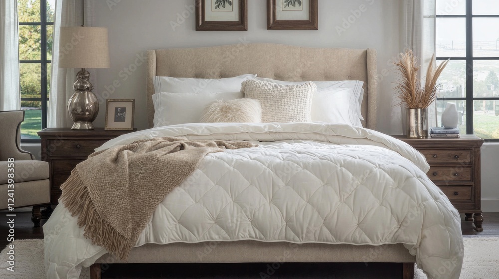 Poster soft morning light filters through large windows, illuminating a tranquil bedroom where a plush bed 