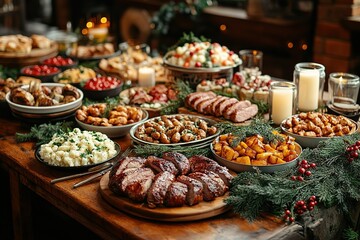 A bountiful holiday feast featuring roasted meats potatoes and an array of side dishes The table is adorned with festive greenery