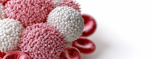 Illustrations of white blood cells fighting viruses and bacteria showcasing an intricate scene of dendritic cells presenting viral antigens to adaptive immune cells.