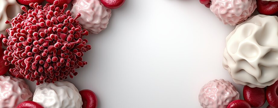 Illustrations of white blood cells fighting viruses and bacteria showcasing an intricate scene of dendritic cells presenting viral antigens to adaptive immune cells.