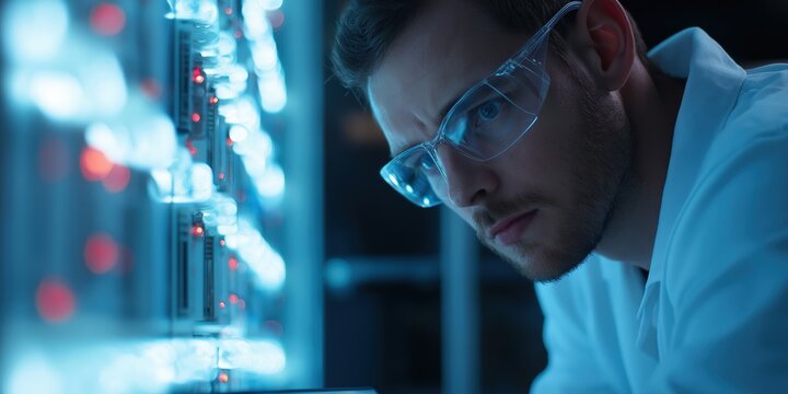 Focused IT Engineer Managing Network Servers in a High-Tech Data Center