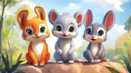 Obraz premium Three adorable cartoon bunnies sitting on a rock, perfect for children's content.