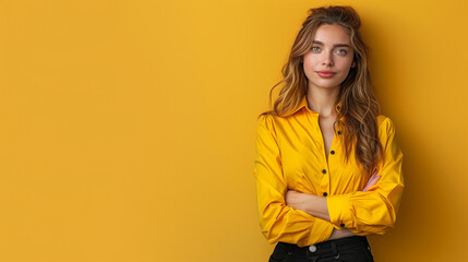 Confident Businesswoman in Yellow Shirt Posing with Copy Space on Solid Yellow Background