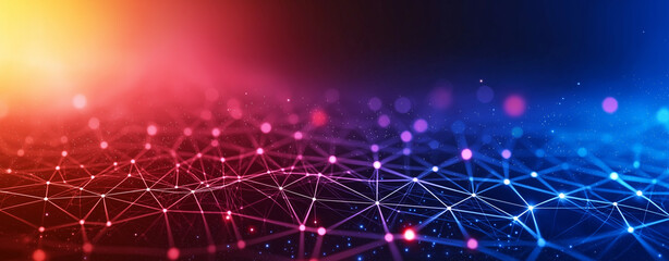 Obraz premium Abstract background with glowing grid and digital data, featuring vibrant colors and interconnected lines. This visually striking image evokes sense of technology and innovation