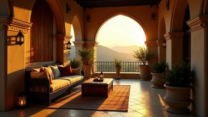 Medieval design of Balcony on Golden Hour, cinematic photography