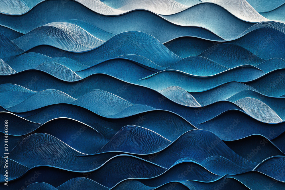 Poster Textured pattern of overlapping waves in gradient blue tones creates a calming and fluid design suitable for various applications