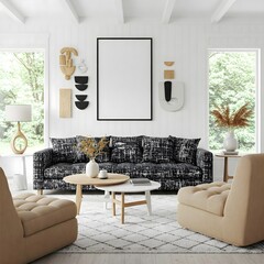 Frame mockup, ISO A paper size. Living room wall poster mockup. Interior mockup with house background. Modern interior design. 3D render