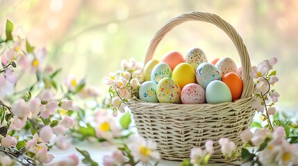 A beautiful Easter basket filled with colorful eggs, surrounded by blooming flowers and soft pastel hues