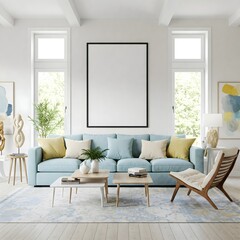 Frame mockup, ISO A paper size. Living room wall poster mockup. Interior mockup with house background. Modern interior design. 3D render