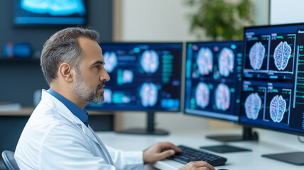 focused male doctor in white coat analyzes brain scans on multiple monitors in modern medical office. His concentration reflects importance of his work in healthcare