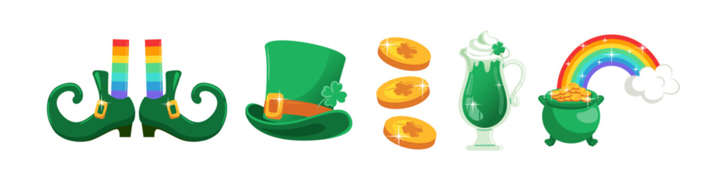 Set elements for St. Patrick s Day, vibrant vector illustration featuring buckled shoes and a leprechaun hat, shimmering coins, green beer, and a pot of gold at the end of a rainbow. four-leaf clovers