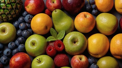 A vibrant collection of fruits such as pineapples, apples, pears, oranges, blueberries, and raspberries, arranged on a dark background.