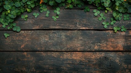 Scattered Clover Leaves on a Rustic Wooden Background Creating a Natural and Earthy Atmosphere