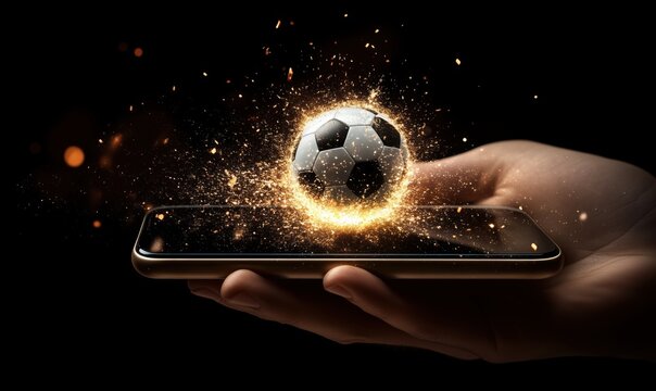 High resolution mobile phone with soccer ball flying out, isolated on black background for online sports concept
