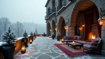 Medieval design of Balcony on Winter, cinematic photography
