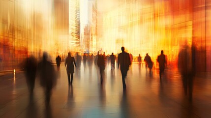 Blurred Silhouettes of People Walking in Urban Cityscape at Dusk