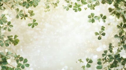 Fototapeta premium Fresh Clover Leaves with a Light Dusting of Gold Glitter for a Magical and Serene Nature Background