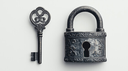 Minimalist, high-quality image of a padlock with key on a seamless white background, highlighting details.